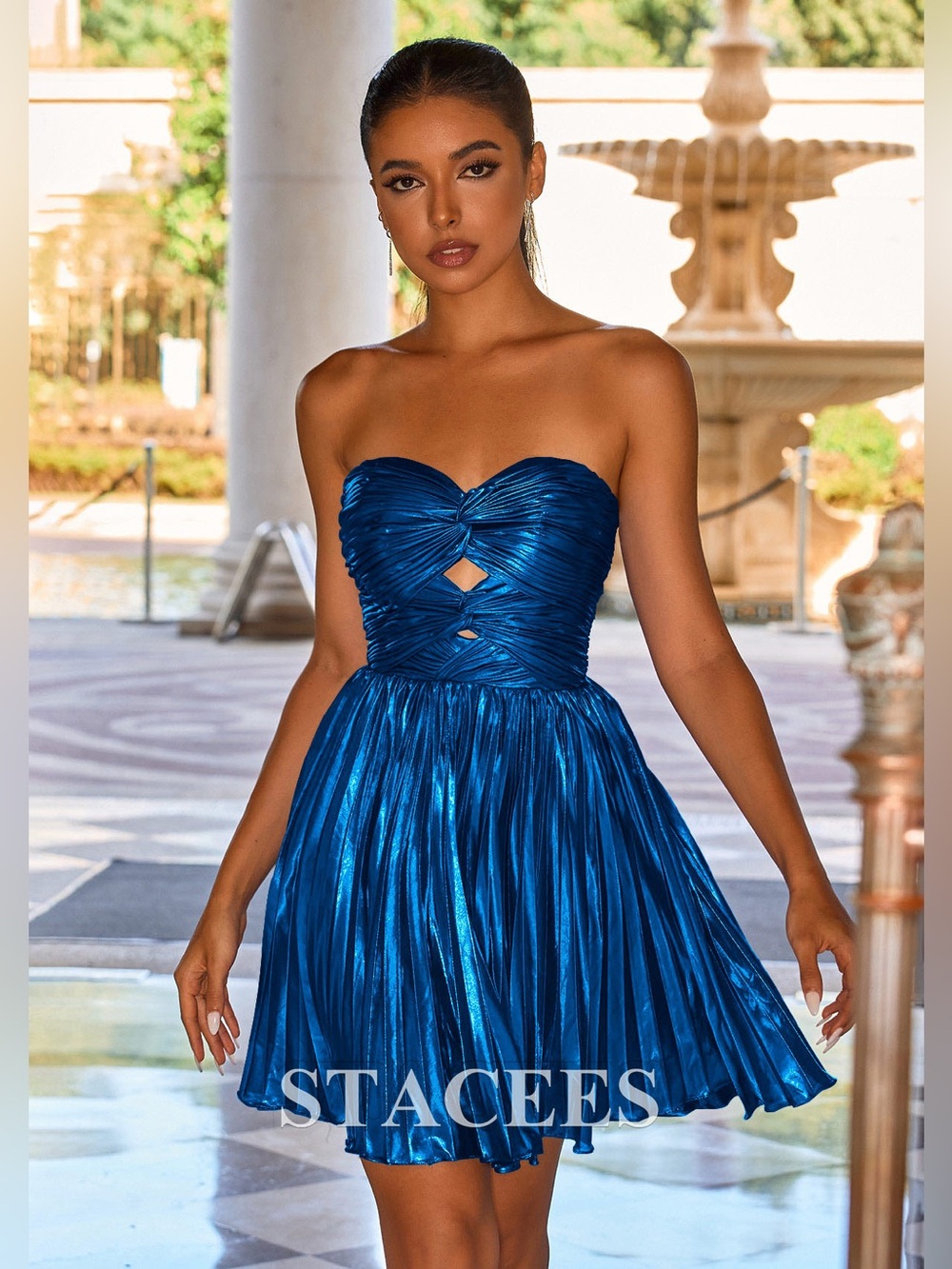 Stacees A-line Strapless Ruched Metallic Short Homecoming Dress with Cut Out